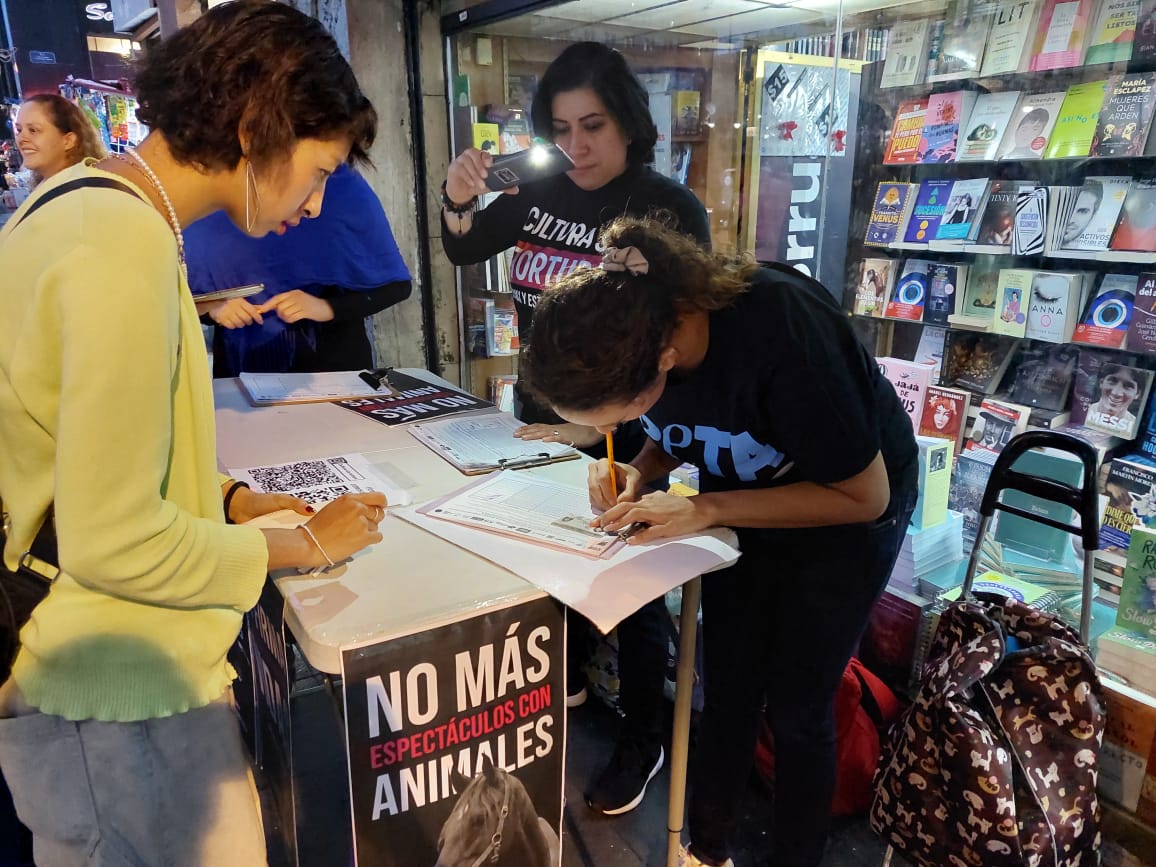 person wearing PETA shirt signing a ban for bullfighting in a booth in Mexico